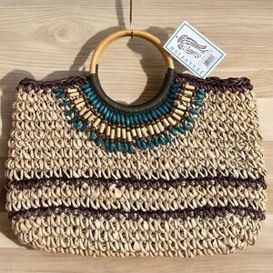 Jellyfish Women's Straw & Beaded Beach Tote Bag Round Wood Handle